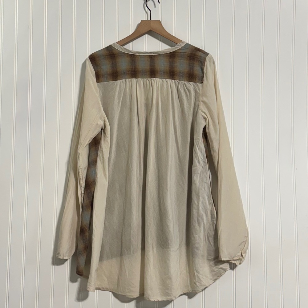 CP Shades Plaid Cotton Silk Mixed Media Blouse High Low Hem Made in USA Large - Picture 2 of 8